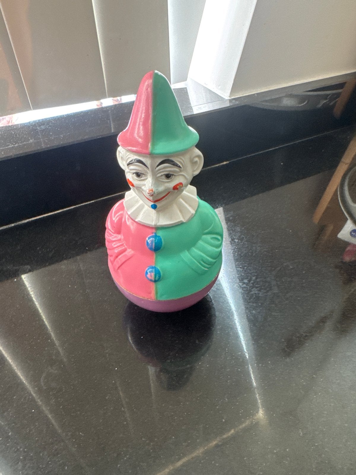 Vintage Harlekijn tuimelaar - Roze en Groen, Verzamelen, Ophalen, Gebruikt