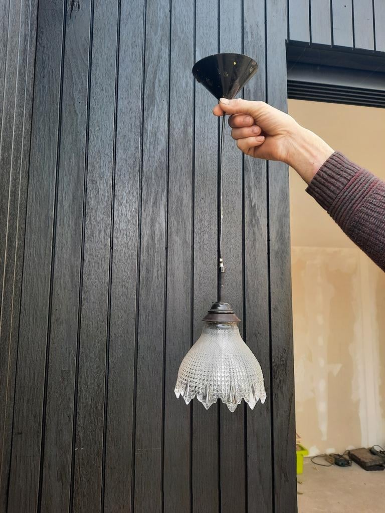 Antieke glazen hanglamp met patroon, Ophalen of Verzenden