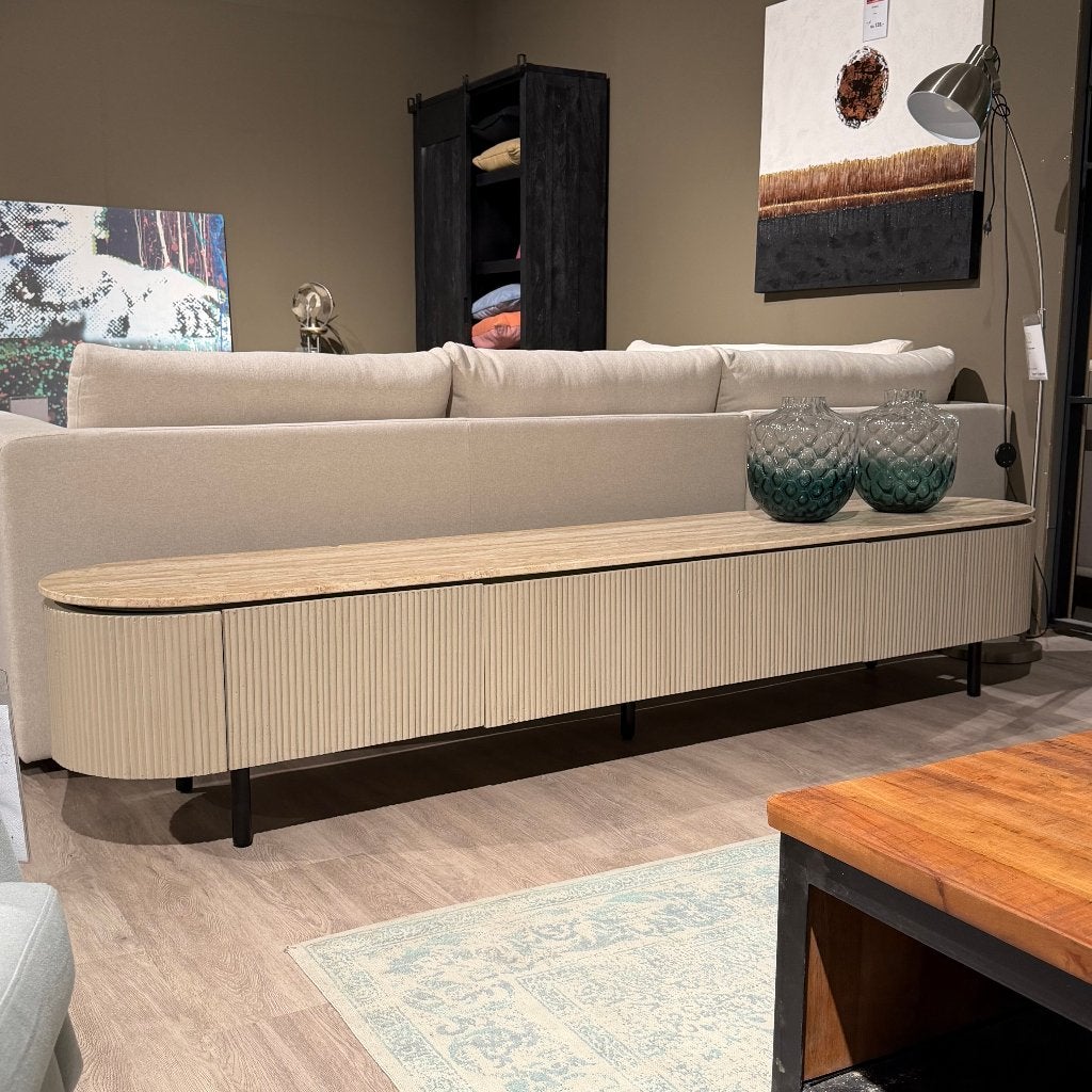 tv dressoir japandi met marmer travertine top 240cm, Huis en Inrichting, Ophalen, Japandi, Zo goed als nieuw, 200 cm of meer