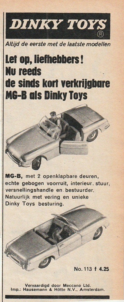 Retro reclame 1962 Dinky Toys speelgoed MG-B auto, Verzenden, Overige typen