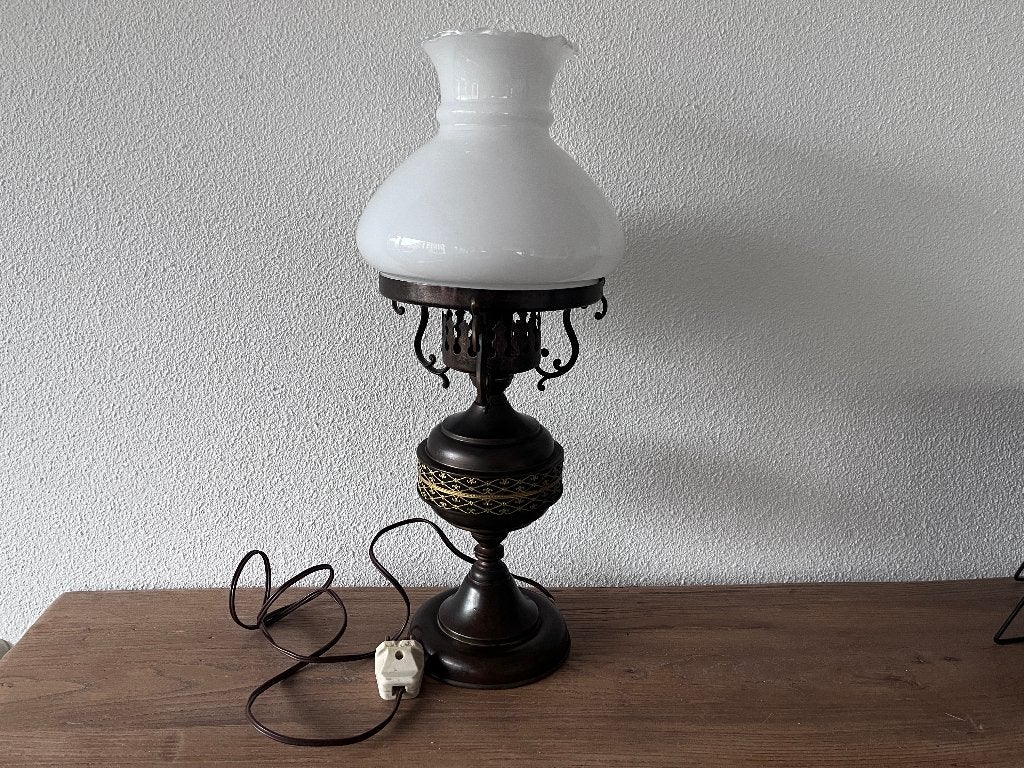 Vintage Tafellamp met Melkglas Kap Olielamp Stijl, Ophalen of Verzenden