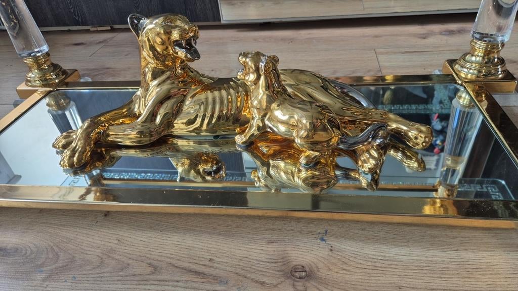 Gouden Panter Beeld met Welp op Spiegel Plateau, Ophalen, Zo goed als nieuw, Goud, Metaal