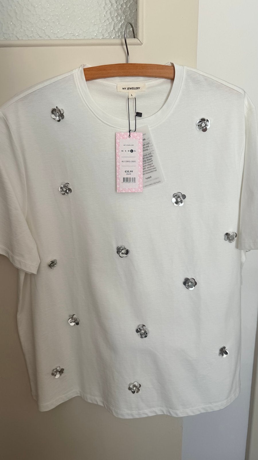 Wit T-shirt met bloemen pailletten van My Jewellery, Wit, Maat 42/44 (L), Nieuw, Ophalen of Verzenden