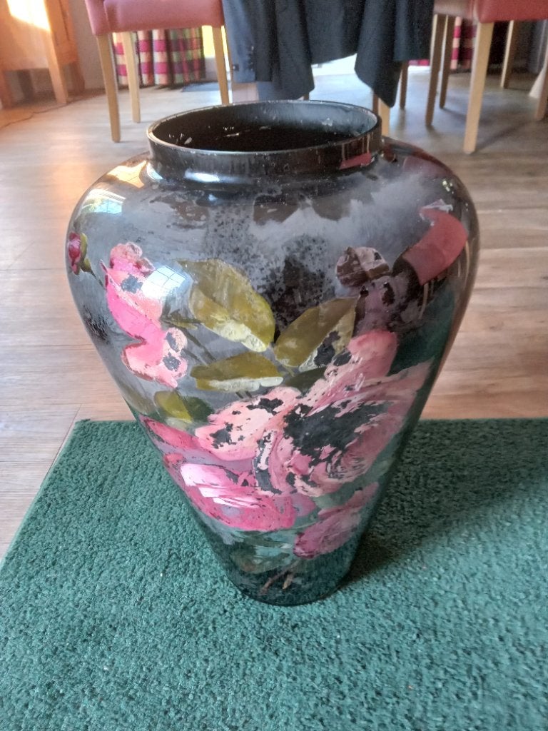 Zwarte gebloemde glazen vaas, Huis en Inrichting, Woonaccessoires | Vazen, Ophalen, Meerkleurig, 44 cm, Met patroon/structuur