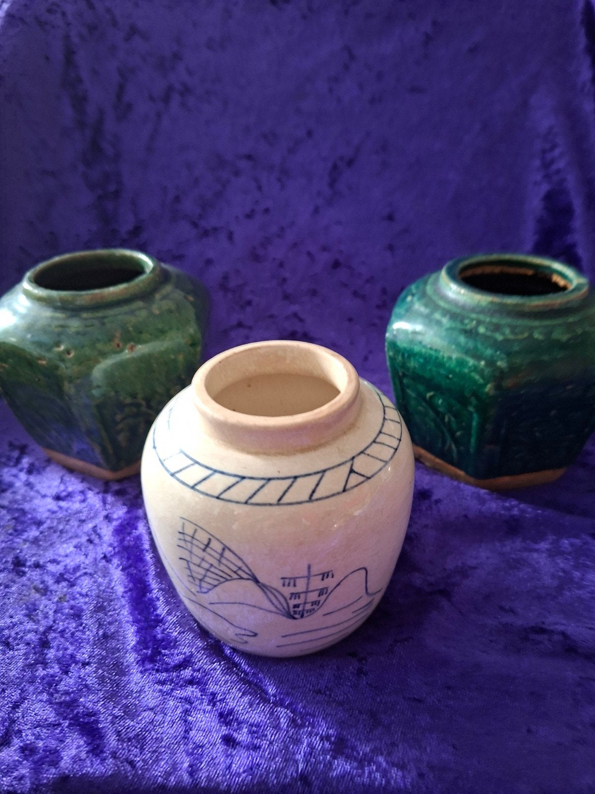3 Antieke Chinese gemberpotten / Shiwan groen en blauw-wit, Antiek en Kunst, Ophalen of Verzenden