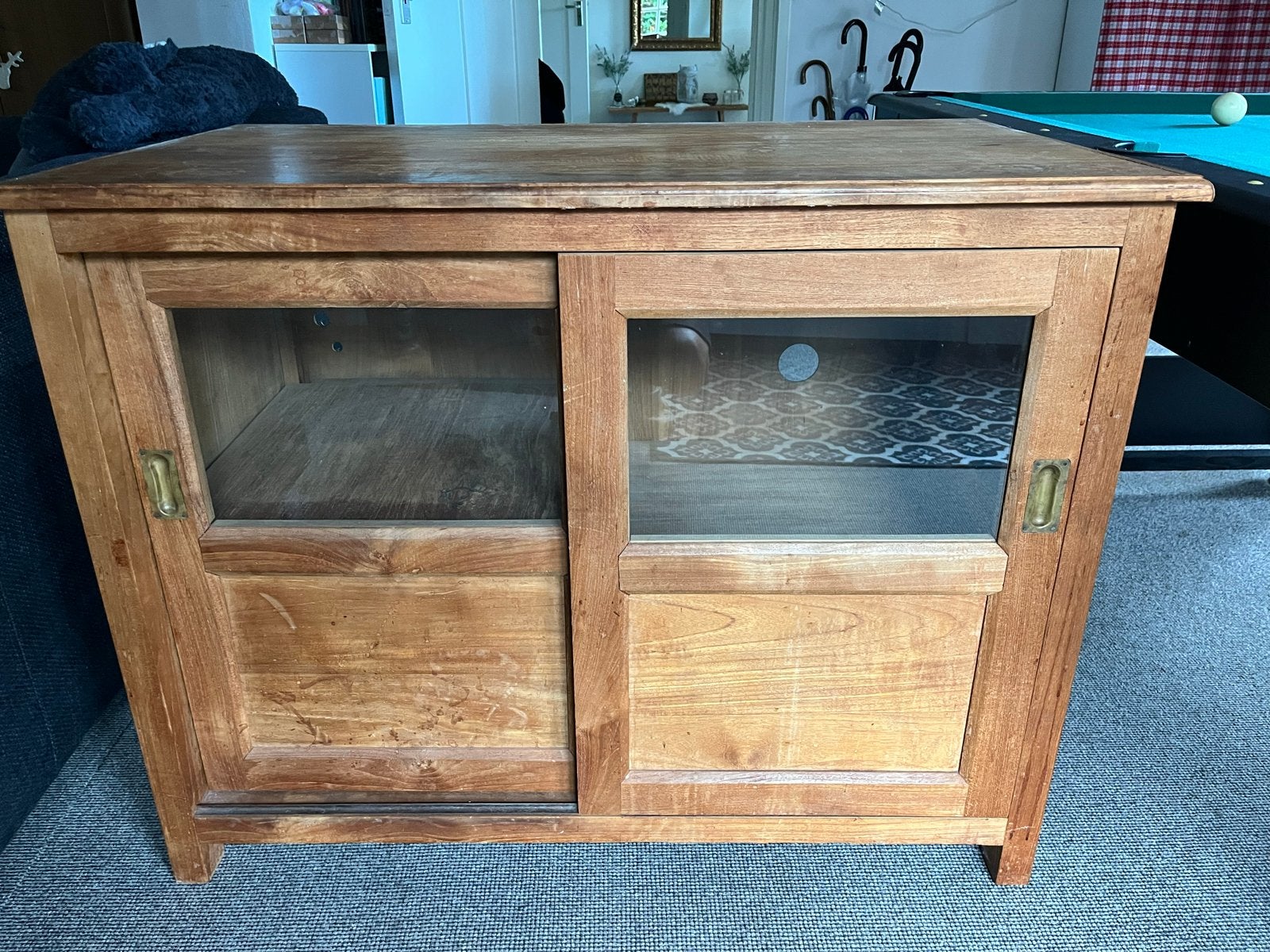 Houten (teak) TV-meubel met schuifdeuren, Ophalen, Gebruikt, 100 tot 150 cm, Teakhout