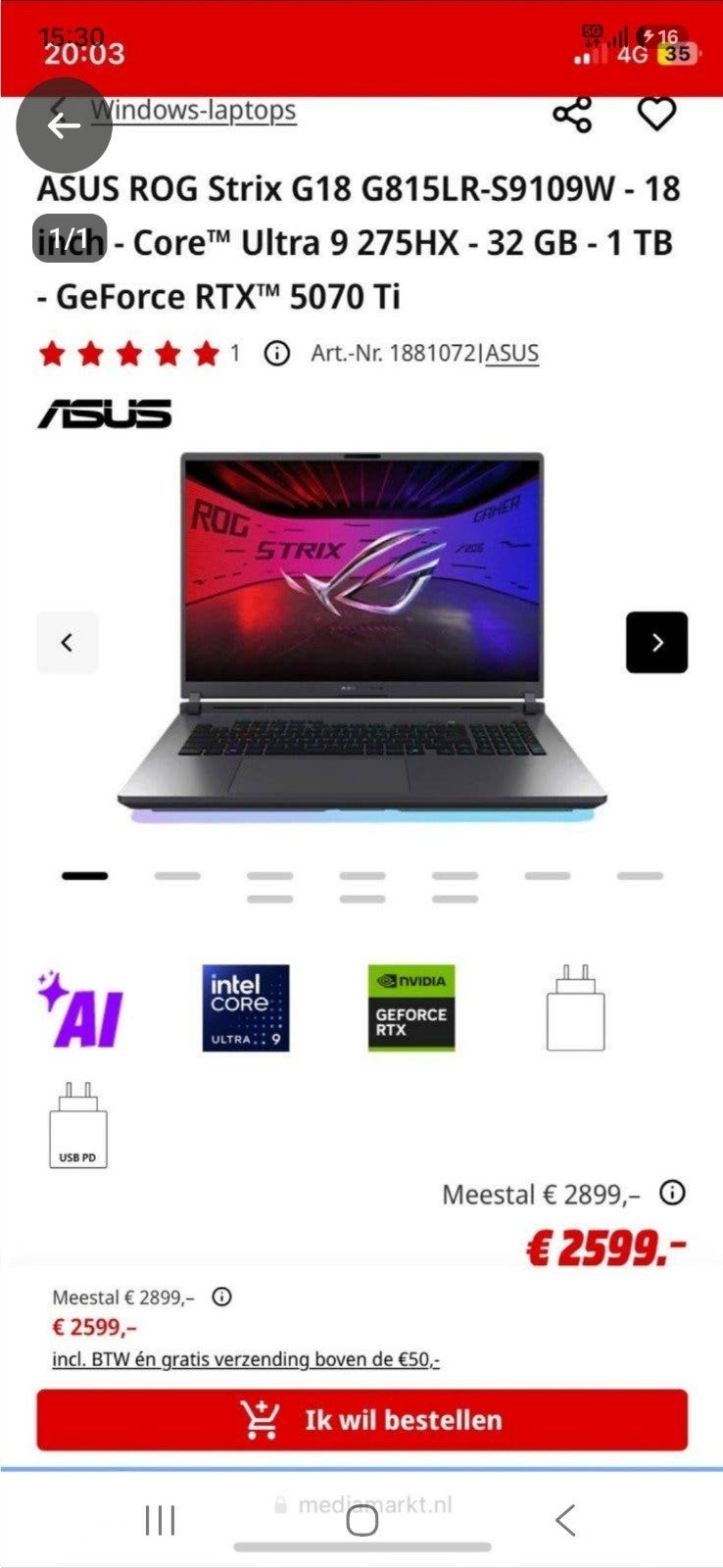 ASUS ROG Strix G18 G815LR-S9109W Gaming Laptop, Intel Core Ultra 9, Met videokaart, ASUS, Ophalen of Verzenden