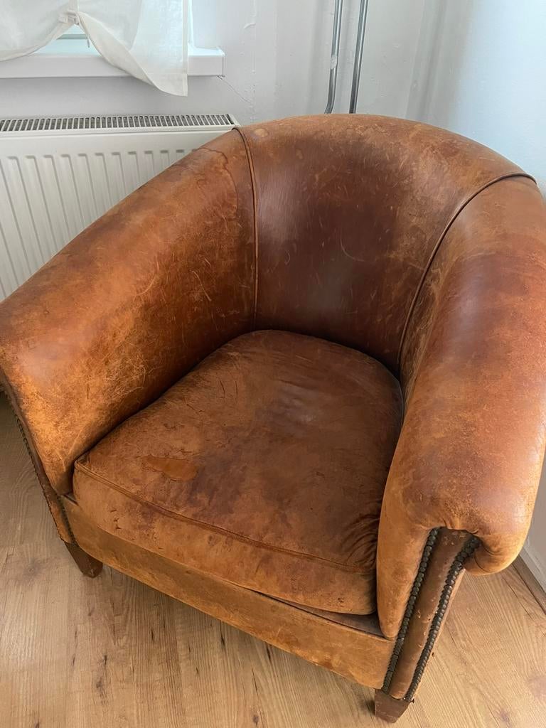 Vintage leren fauteuil, Ophalen, Zo goed als nieuw, 50 tot 75 cm, Leer