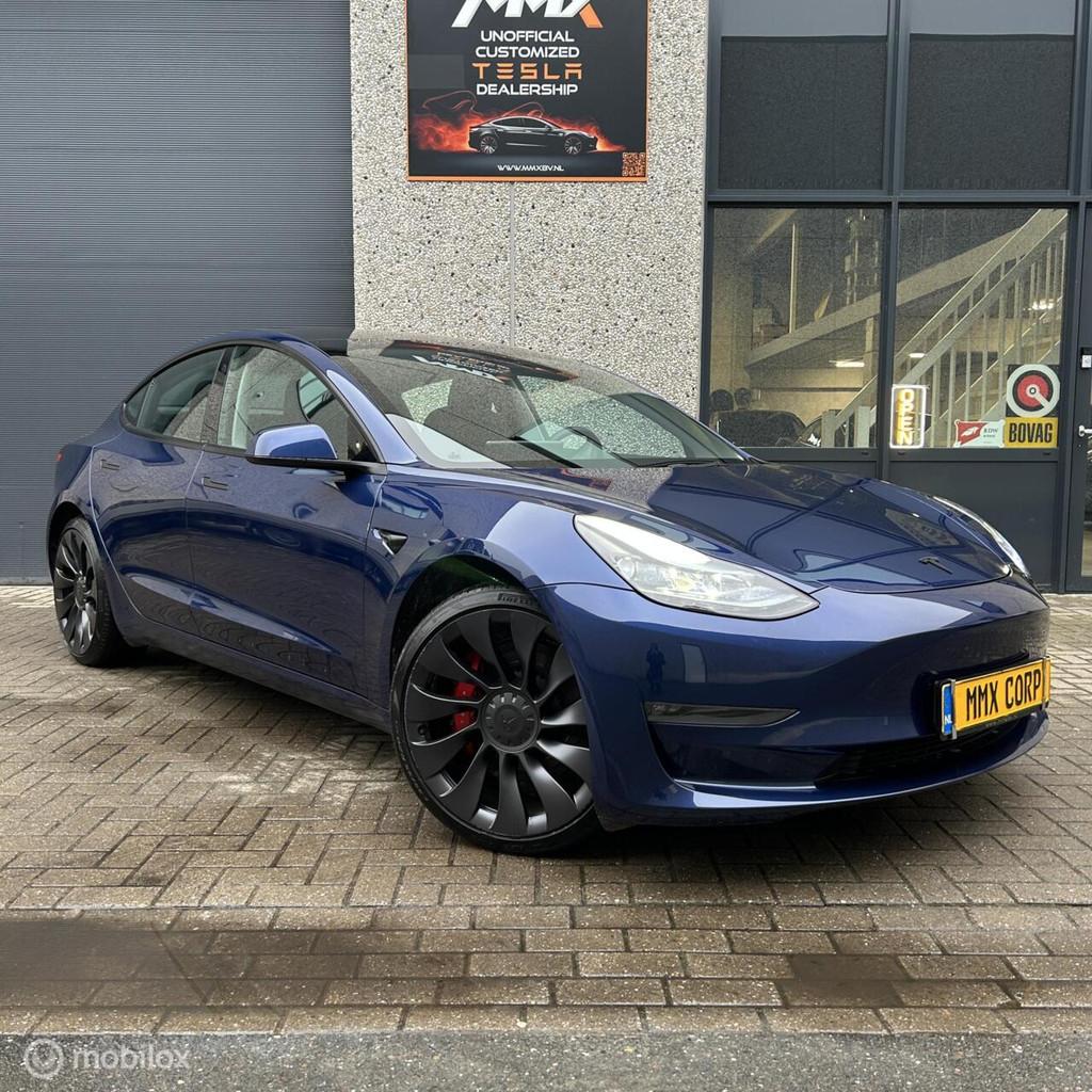 Tesla Model 3 Performance + MMX Pack + IAP, Automaat, Gebruikt, Zwart, Blauw