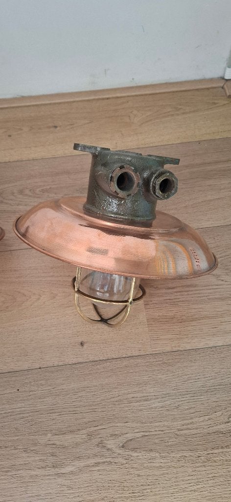 Set van 2 Vintage Koperen Scheepslampen Kooilamp Ex US Army, Amerika, Overige typen, Onbekend, Ophalen of Verzenden