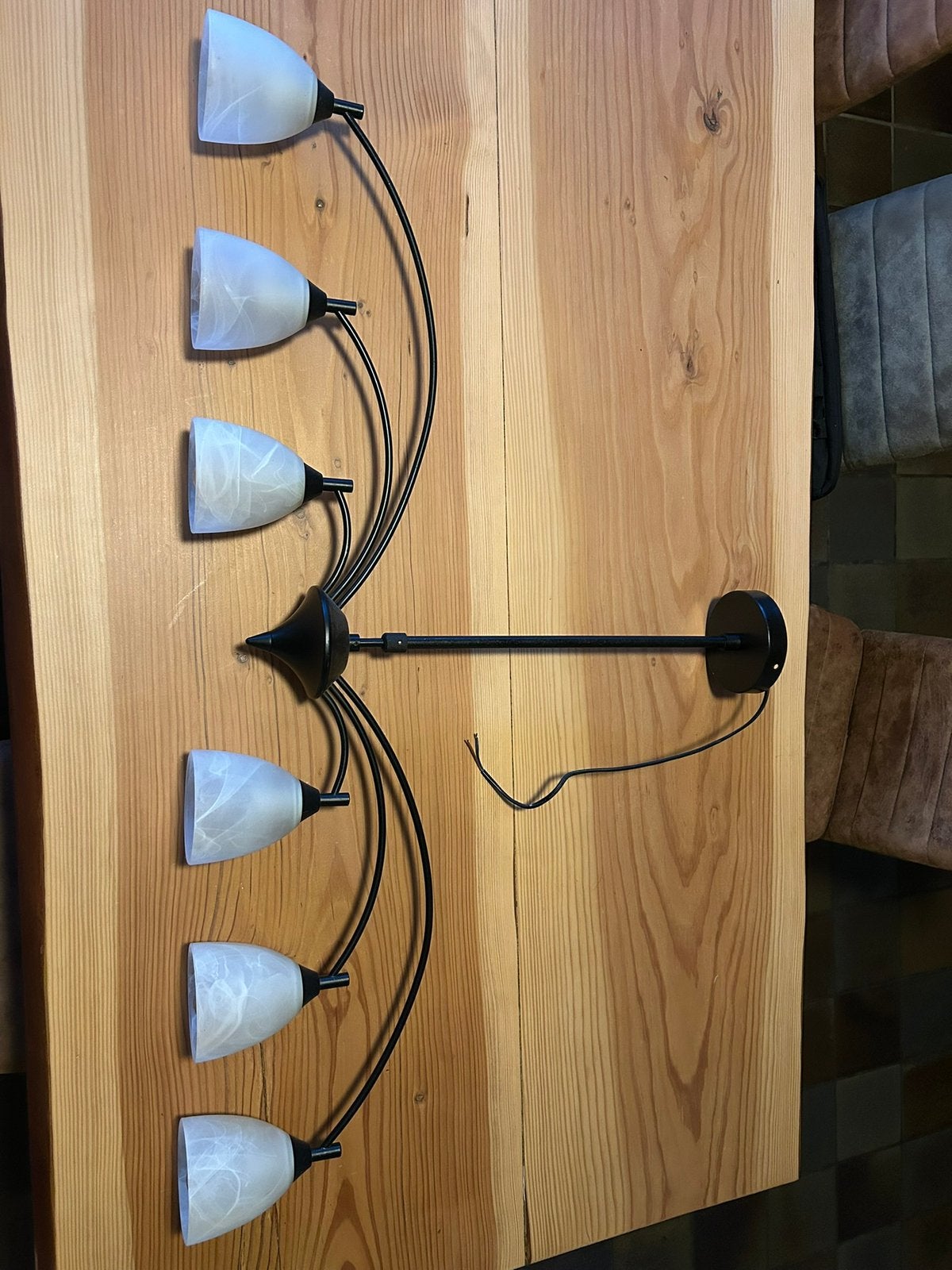 Moderne hanglamp met 3 glazen kappen, Huis en Inrichting, Ophalen of Verzenden, Gebruikt, Metaal, E27 (groot)