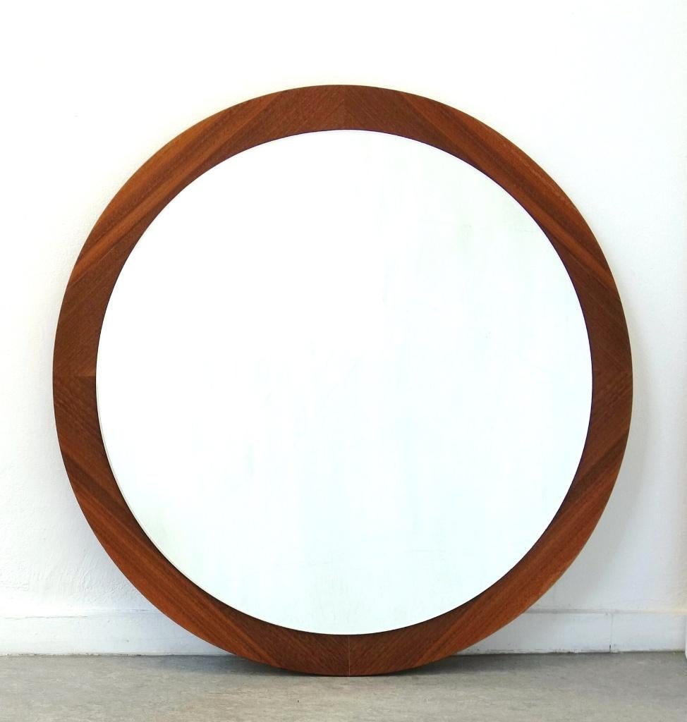 Vintage XXL Deens design teakhouten spiegel wandspiegel rond, Ophalen, Gebruikt, Rond, Minder dan 100 cm