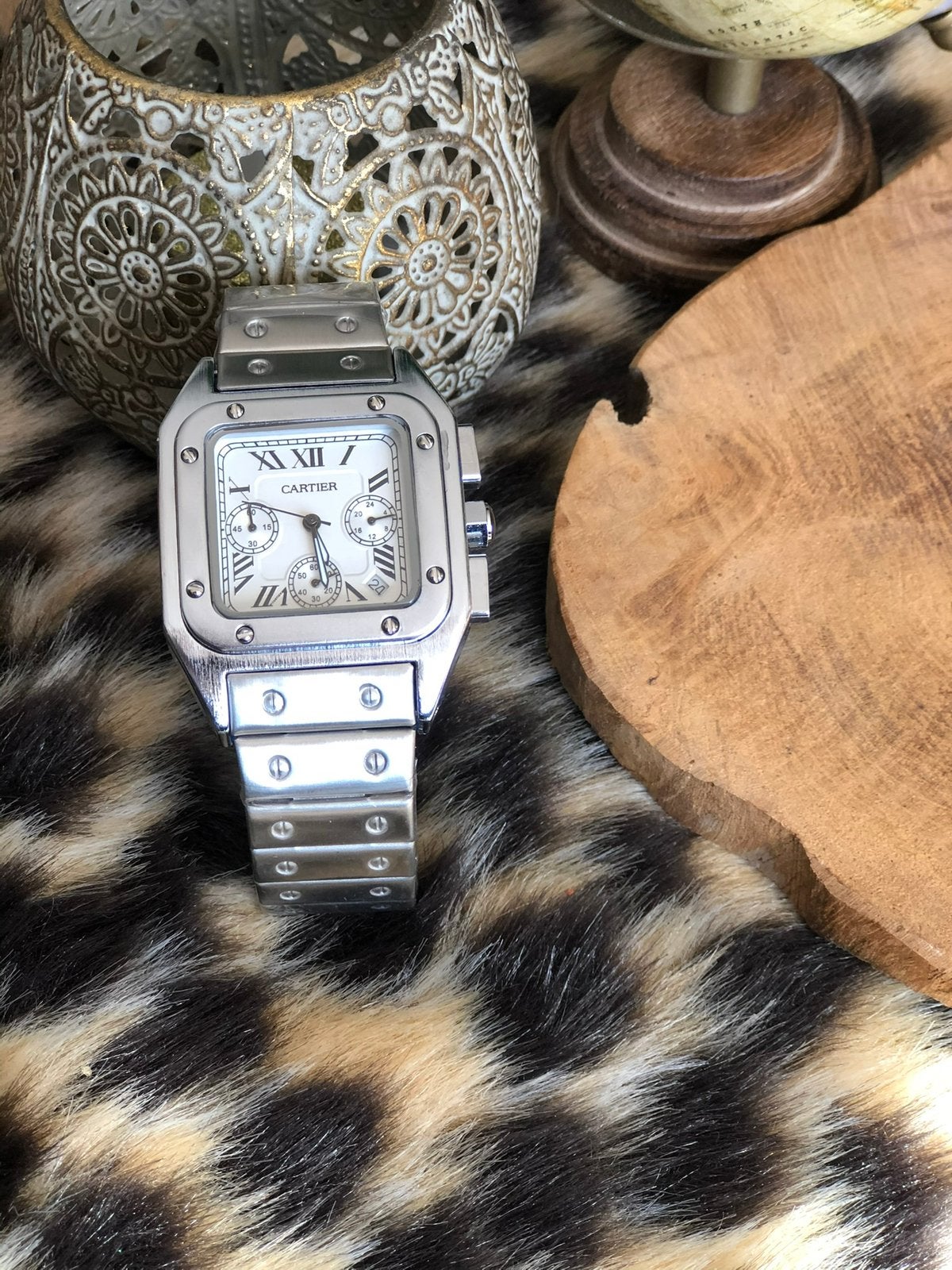 Cartier santos 100 xxl, Sieraden, Tassen en Uiterlijk, Horloges | Heren, Overige merken, Staal, Staal, Polshorloge