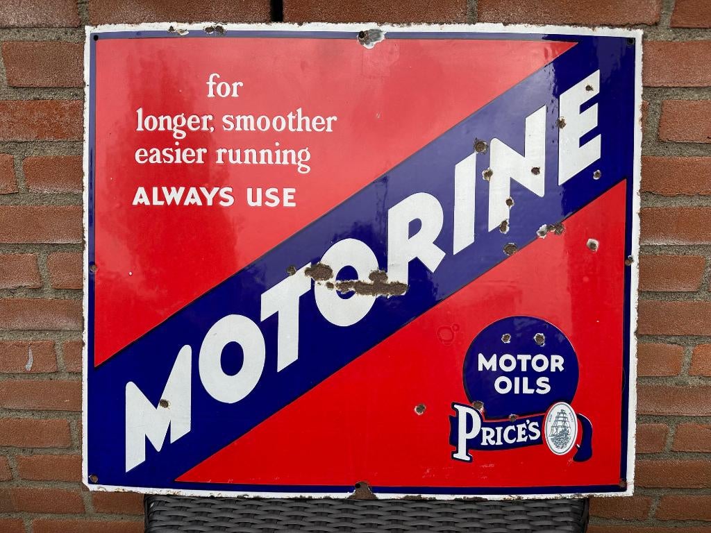 Emaille Motorine motor oils bord. Prices. 63,5 x 53,2 cm., Ophalen of Verzenden, Gebruikt, Reclamebord