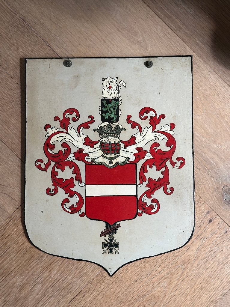 Handgeschilderd wapenschild Leuven op staalplaat 24x31cm, Verzamelen, Ophalen of Verzenden, Overige soorten, Overige gebieden