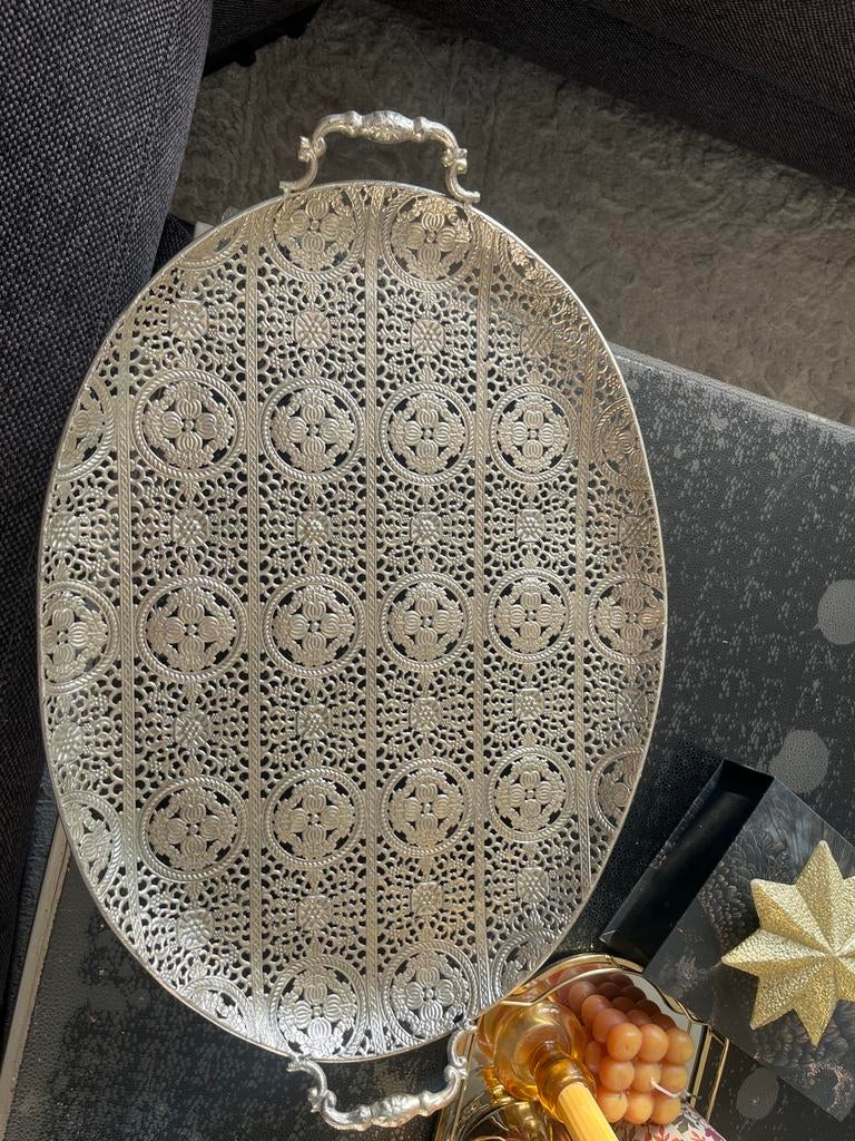 Decoratieve zilverkleurige dienblad met handvatten, Ophalen of Verzenden