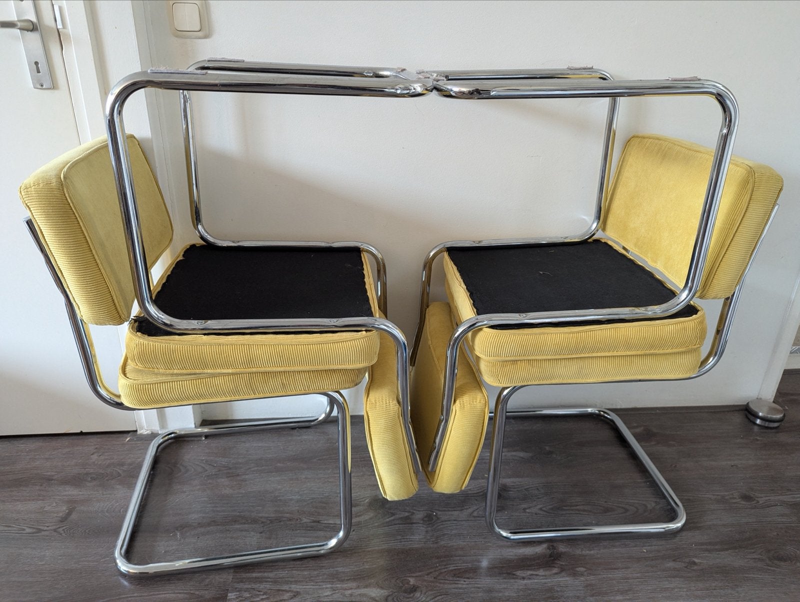 Set of 2 vintage yellow steel frame corduroy chairs, Ophalen