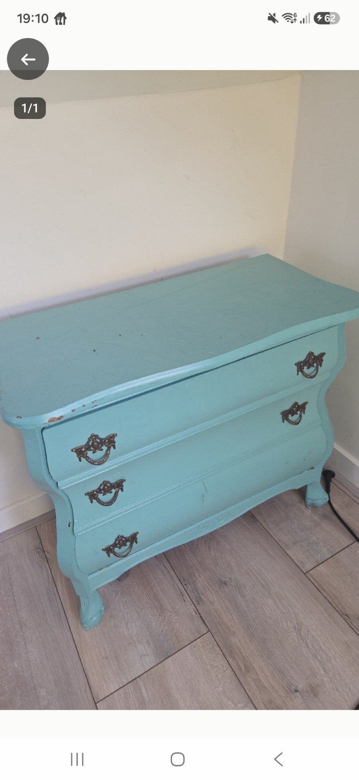 Vintage ladekastje in turquoise met sierlijke handgrepen, Antiek en Kunst, Ophalen