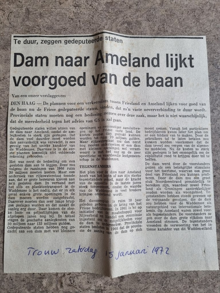 Geen dam tussen Ameland en Friesland (1972), Ophalen of Verzenden, 1960 tot 1980, Knipsel(s)