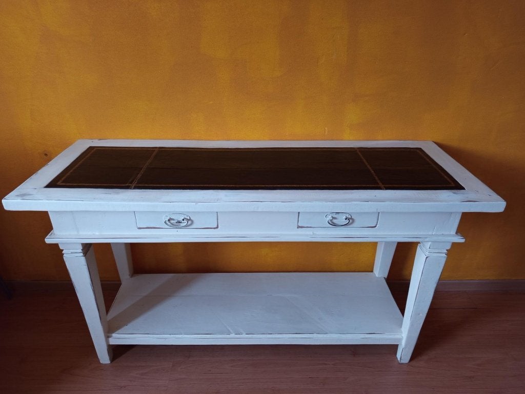 Sidetable met lades en ingelegd lederen blad 140lx50bx74h, Ophalen, 100 tot 150 cm, Klassiek Vintage, Eikenhout
