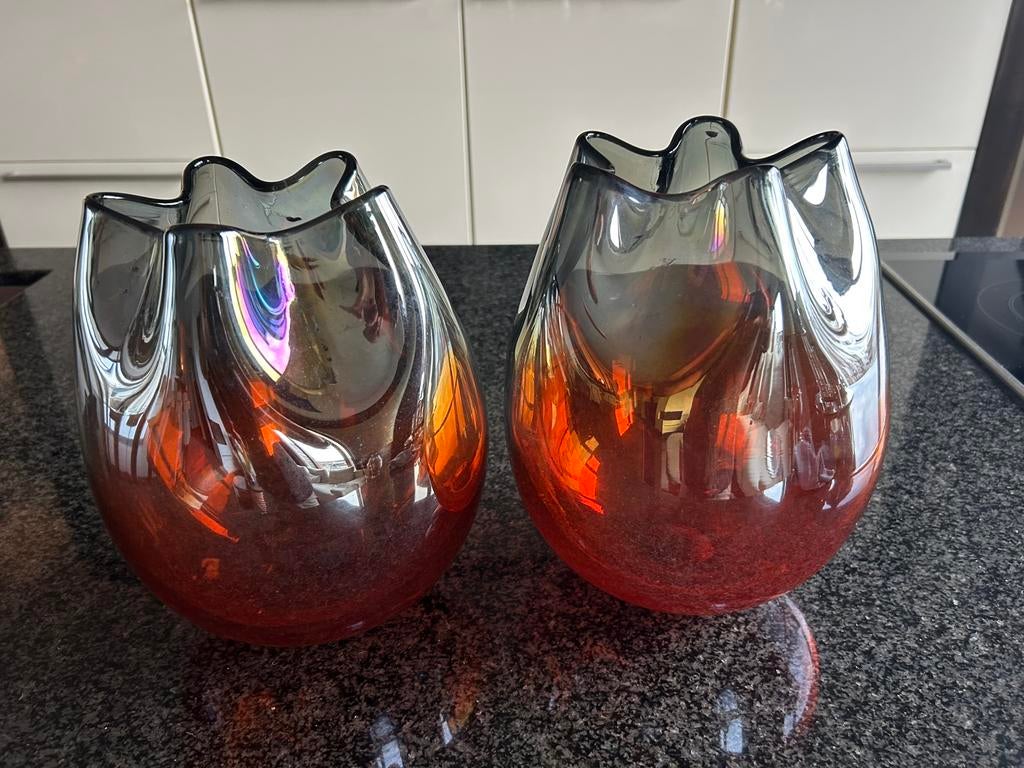 glaskunst / vazenset brique oranje antraciet, Huis en Inrichting, Woonaccessoires | Vazen, Ophalen, Zo goed als nieuw, Glas, Minder dan 50 cm