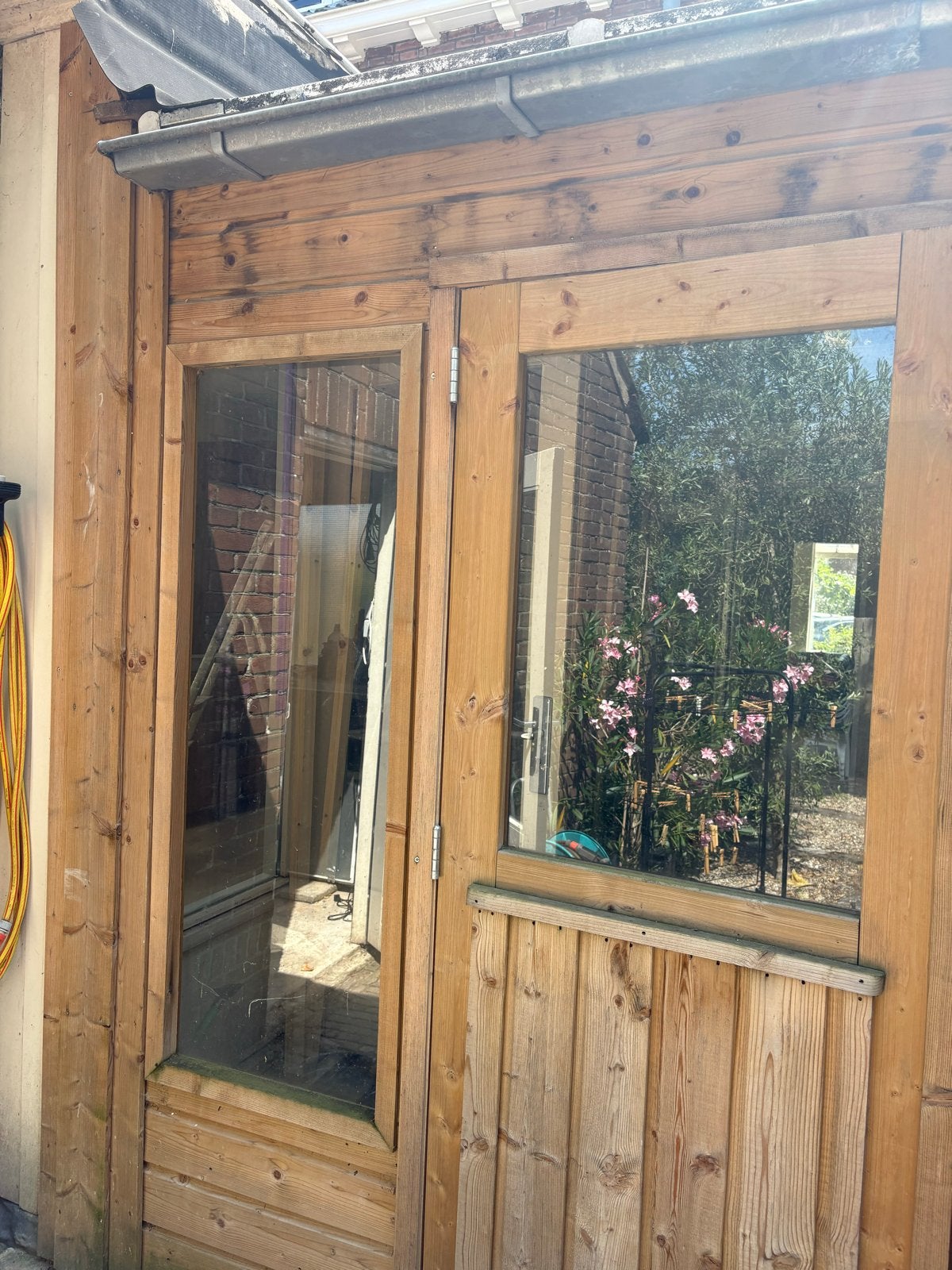 Houten dubbele openslaande deuren met glas en zijpanelen, Ophalen, Gebruikt, 120 cm of meer, Buitendeur