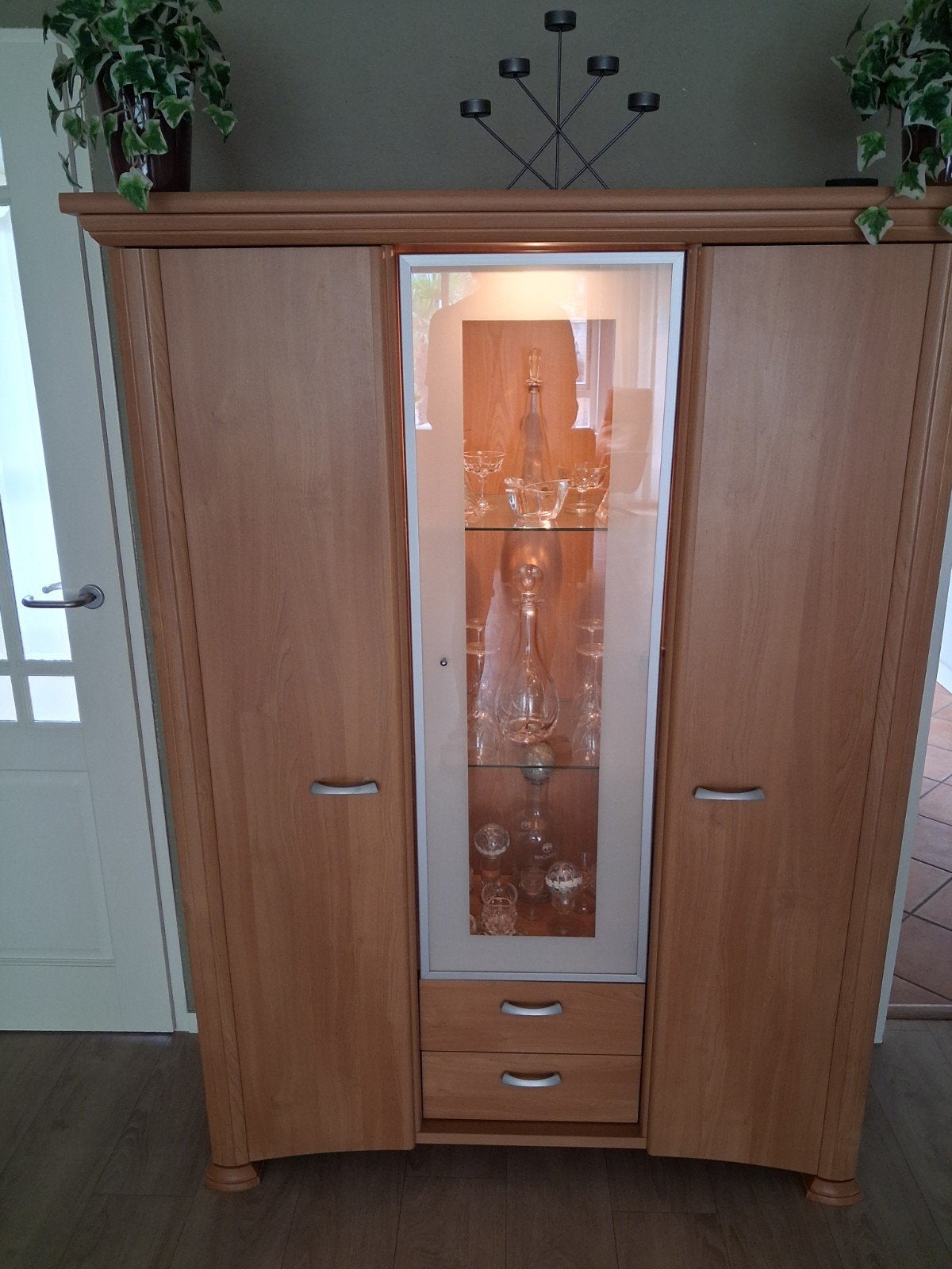 Stijlvolle dressoir en vitrinekast set., Ophalen, Gebruikt, Met deur(en), Glas