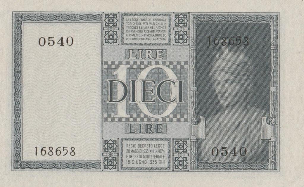 Italie 10 Dieci Lire 1939, Ophalen of Verzenden, Italië, Los biljet