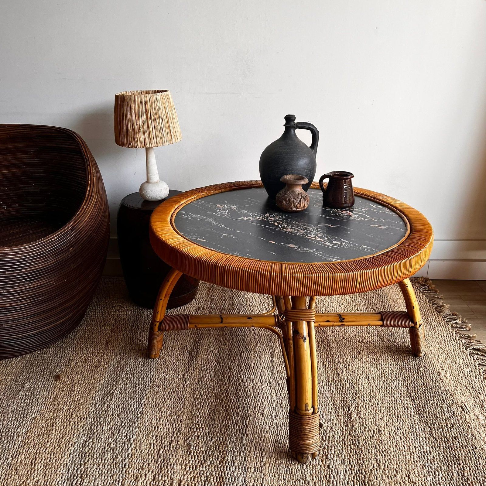 70’s Bamboe rotan salontafel marmer look blad vintage, 50 tot 100 cm, _, Ophalen of Verzenden, Zo goed als nieuw