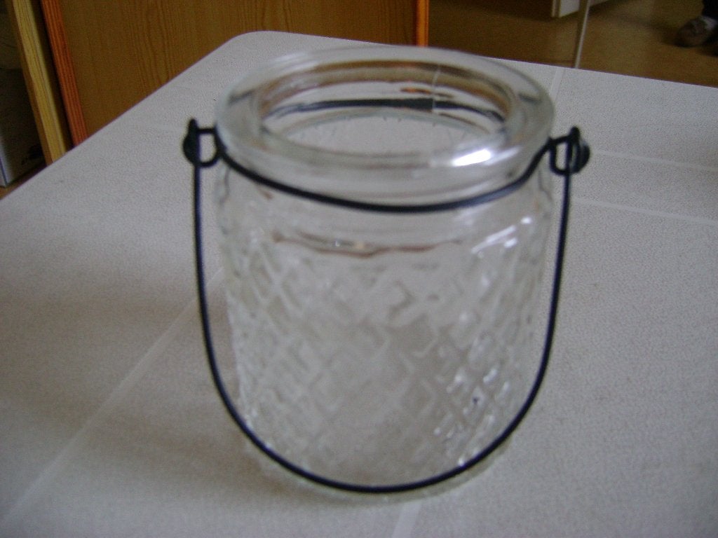 glazen windlicht zwart metalen hengsel van bewerkt glas 9 ho, 9 cm, Windlicht, Zwart, Ophalen of Verzenden