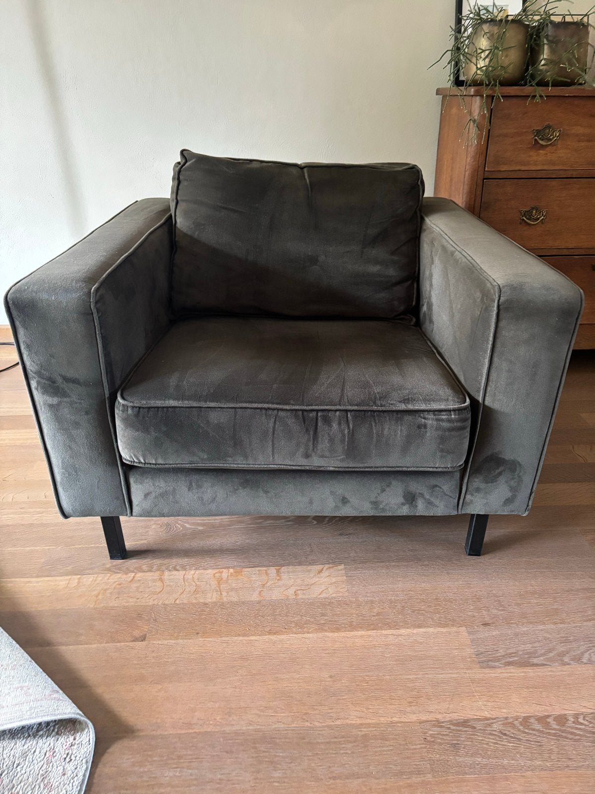Donkergroene fauteuil van fluweel Wood, Ophalen, Gebruikt, Minder dan 75 cm, 75 tot 100 cm