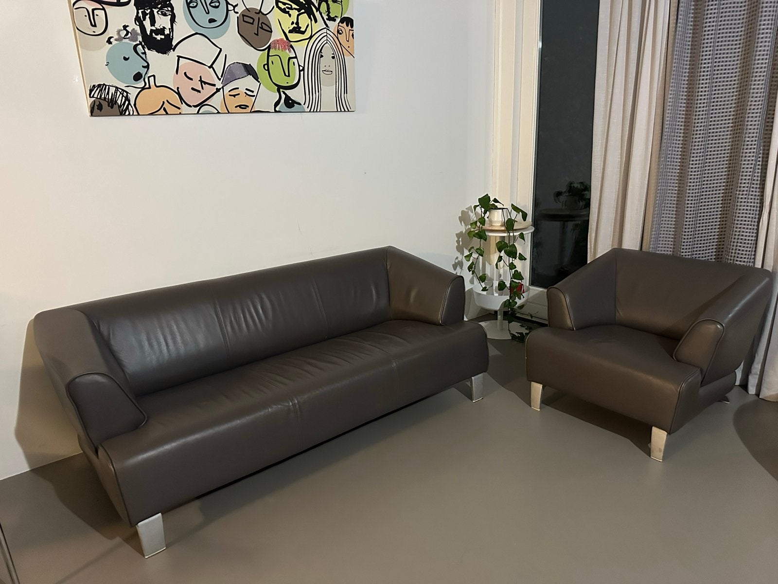Rolf Benz 2300 Leren Bank en Fauteuil Set - Grijsbruin, Ophalen, Gebruikt, Tweepersoons, Rechte bank