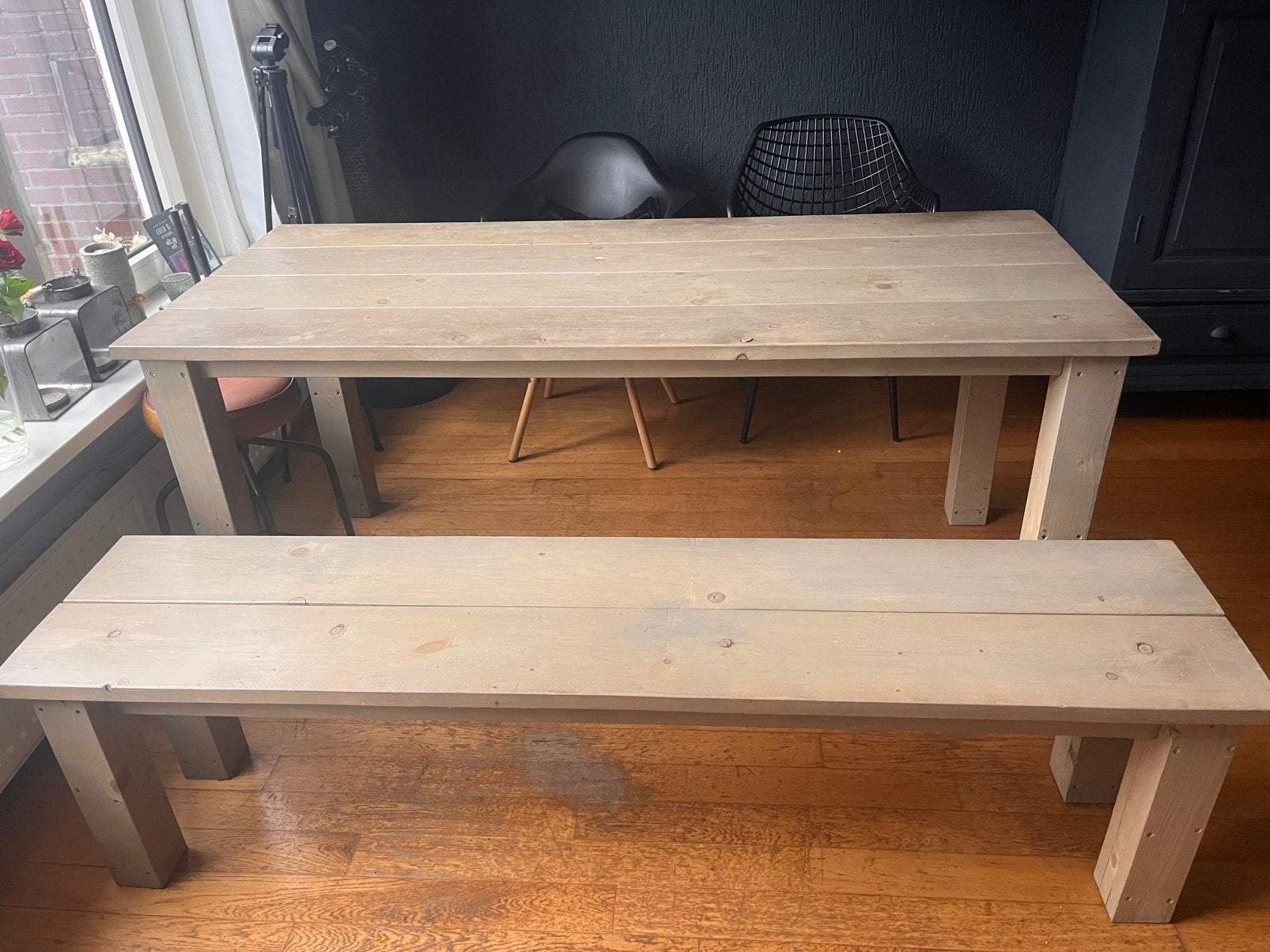 Steigerhouten eettafel en bankje 1.80, Gebruikt, Vijf personen of meer, 150 tot 200 cm, Rechthoekig