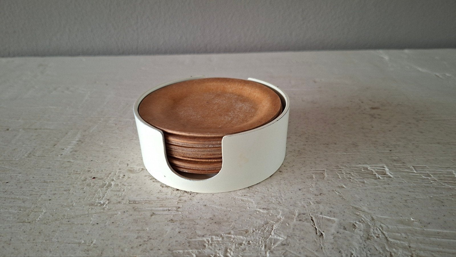 Vintage Silva Houten Onderzetters in Houder (10 stuks), Hout, Gebruikt, Glasonderzetter, Met houder