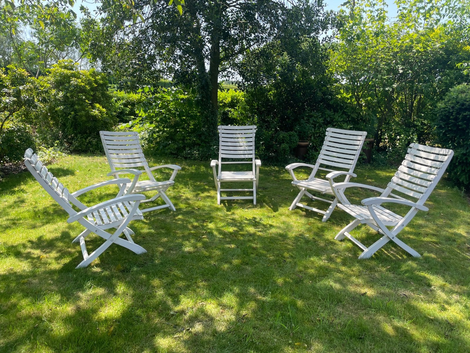 5 Vintage hardhouten tuinstoelen met kussens, Tuin en Terras, Tuinstoelen, Ophalen, Gebruikt, Hout, Inklapbaar