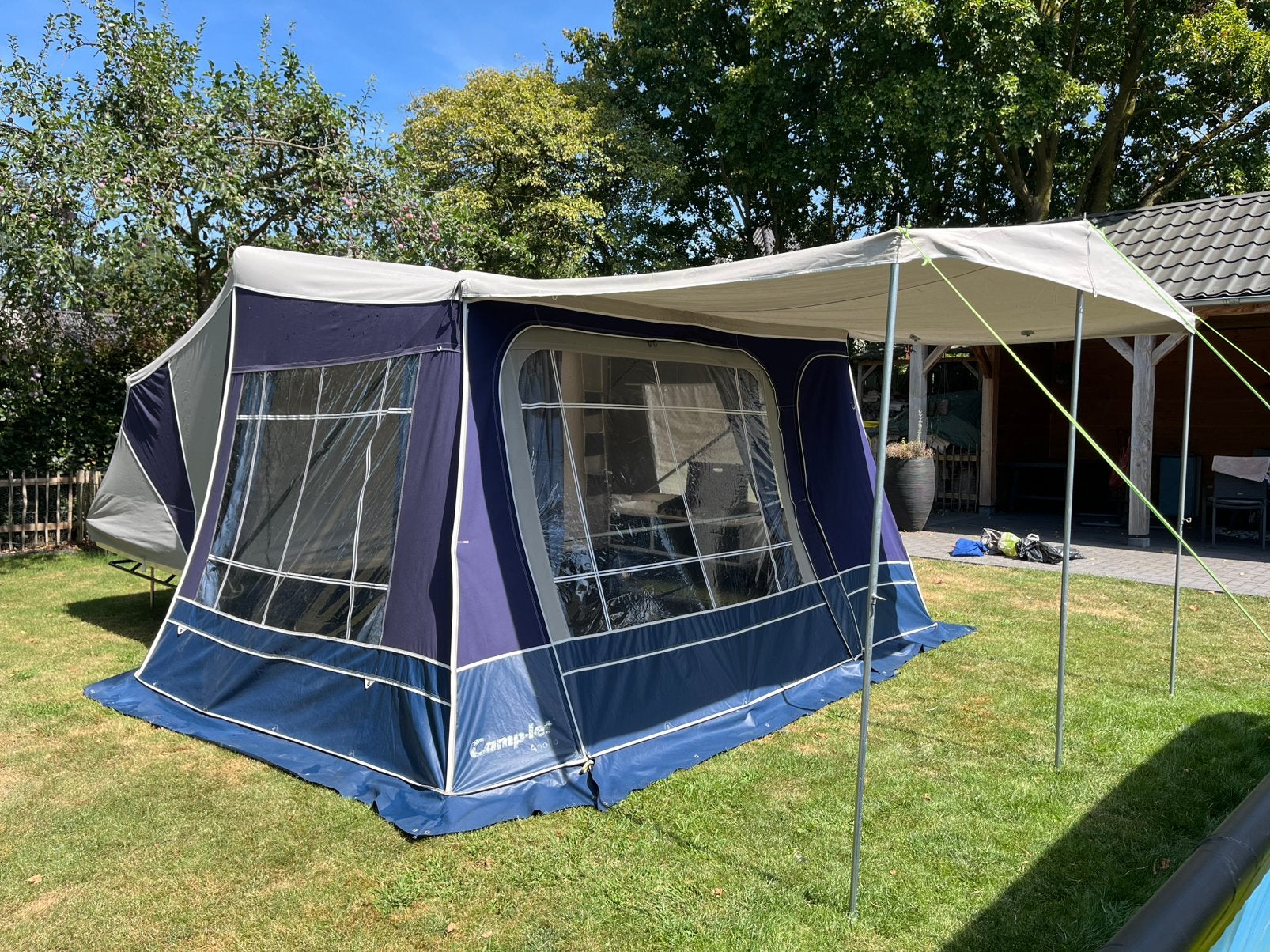 Mooie en nette Camplet Apollo Lux Royal, klaar voor vertrek, Caravans en Kamperen, Vouwwagens, Ophalen, Blauw, Aanwezig, Camp-Let