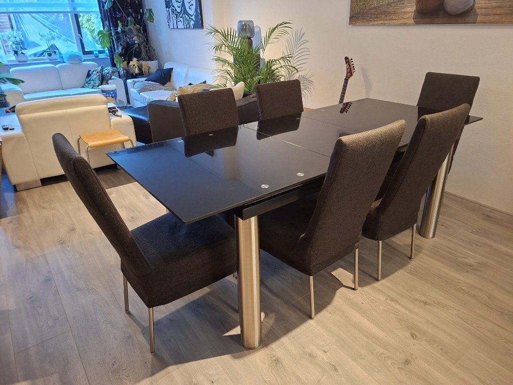 GRATIS: Moderne eettafel - Zwart glas en metaal, Ophalen, Gebruikt, 50 tot 100 cm, Glas