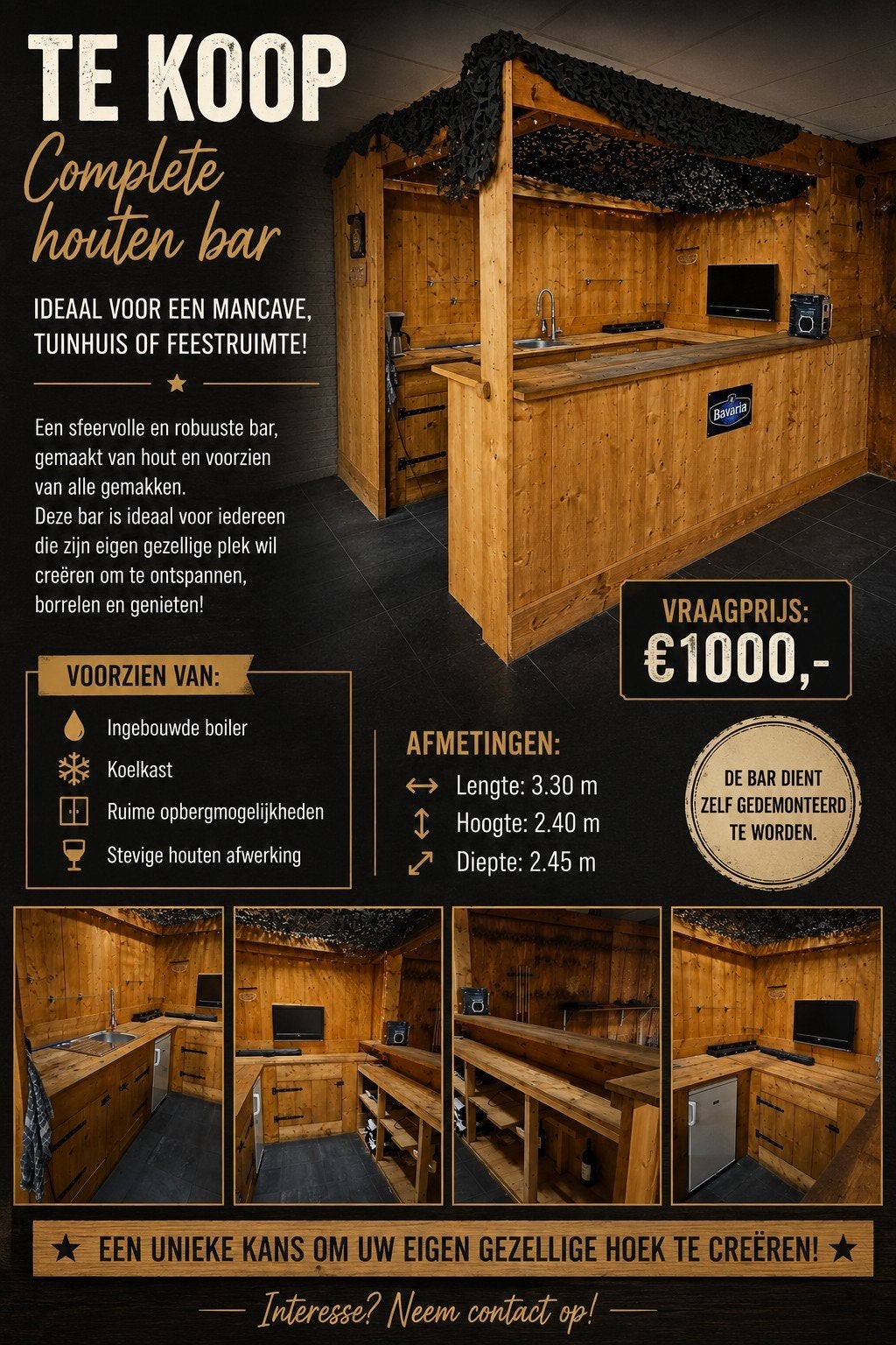 Houten bar met boiler en koelkast, Ophalen