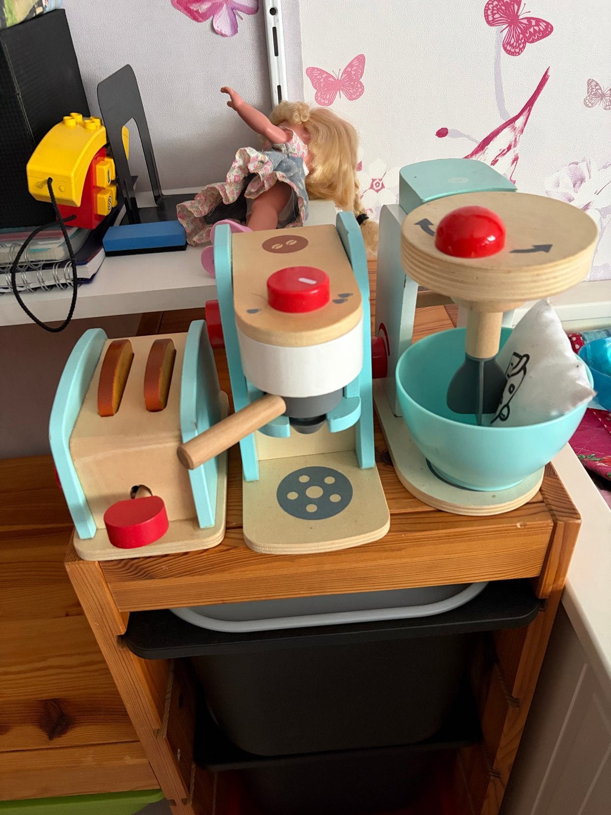 Houten speelgoed keuken set: broodrooster, koffiezetapparaat, Ophalen, Gebruikt, Jongen of Meisje