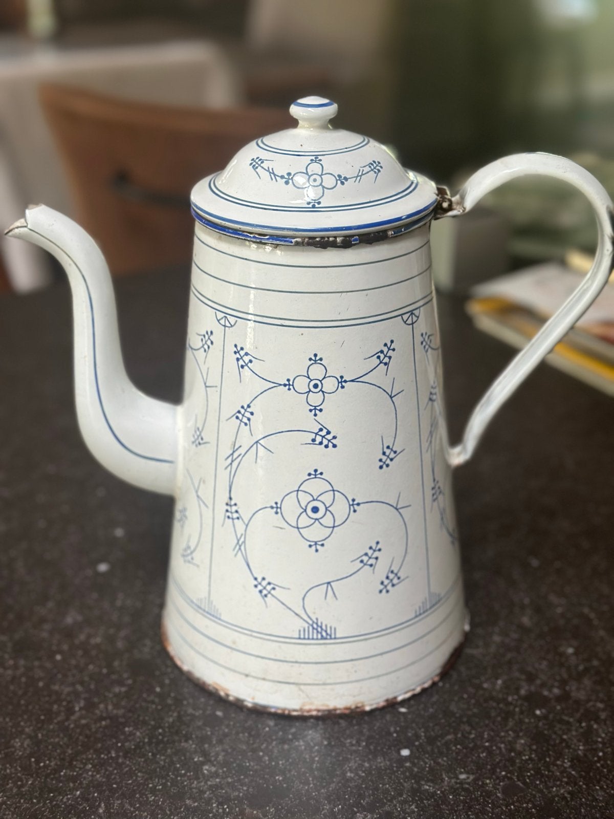 Vintage geëmailleerde kan met blauw decoratief motief, Antiek en Kunst, Ophalen of Verzenden