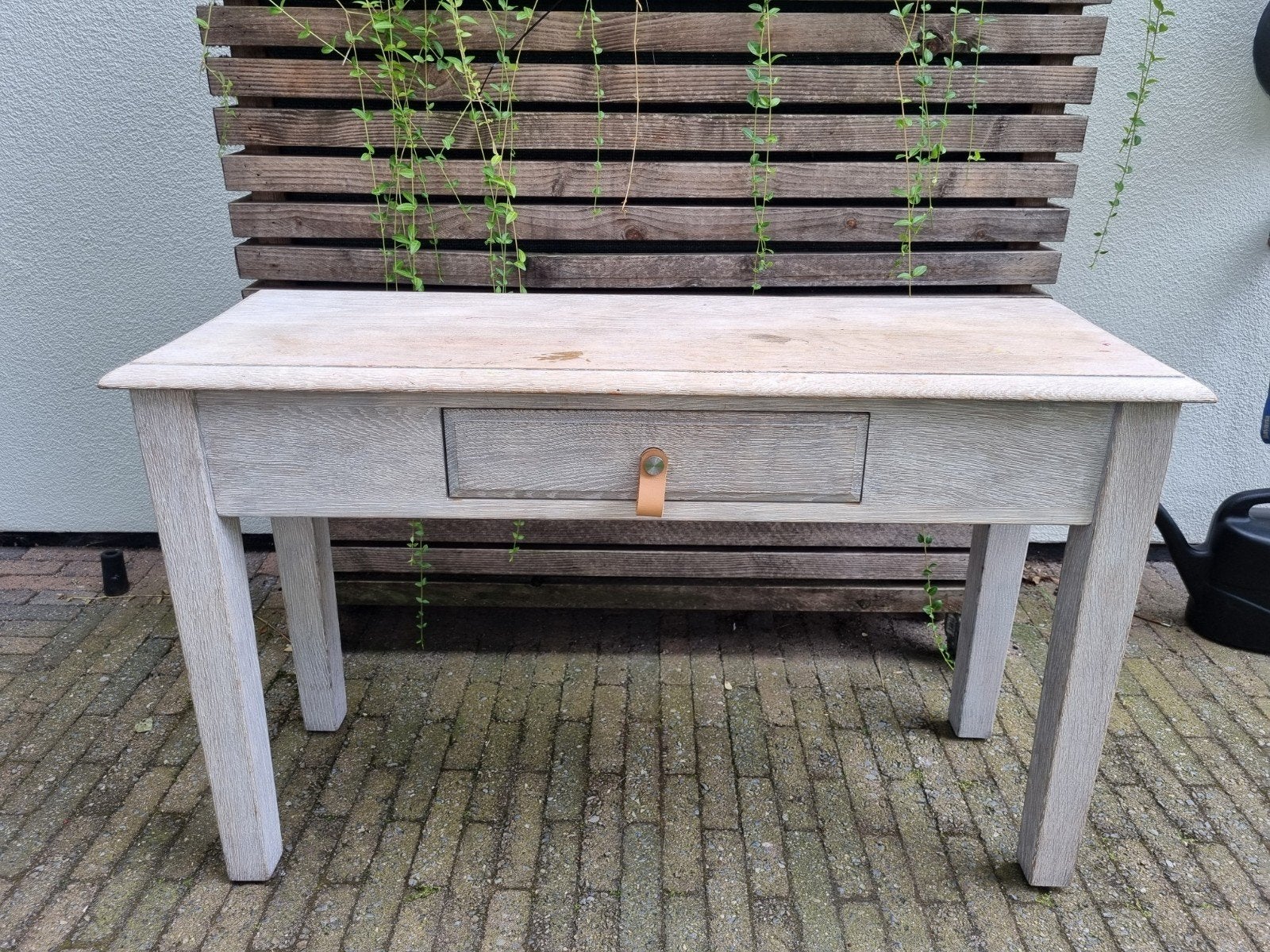 Stijlvolle houten bijzettafel/make-uptafel met lade, Ophalen, Gebruikt, 100 tot 150 cm, Eikenhout