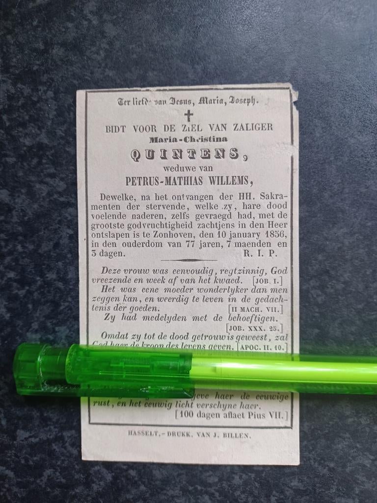 Bidprentje Zonhoven Maria Quintens 1789 1856, Ophalen, Bidprentje