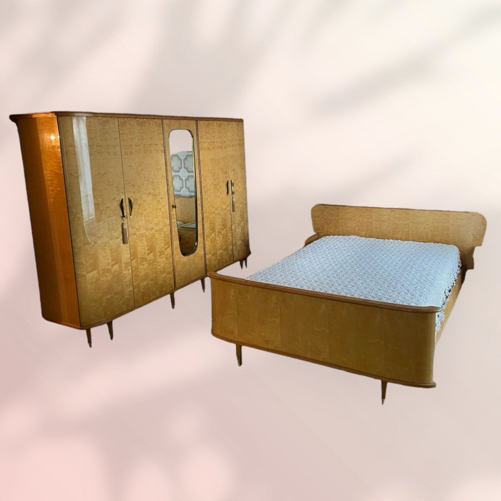Vintage Mid Century Tweepersoonsbed Gevlamd Esdoorn, Ophalen of Verzenden