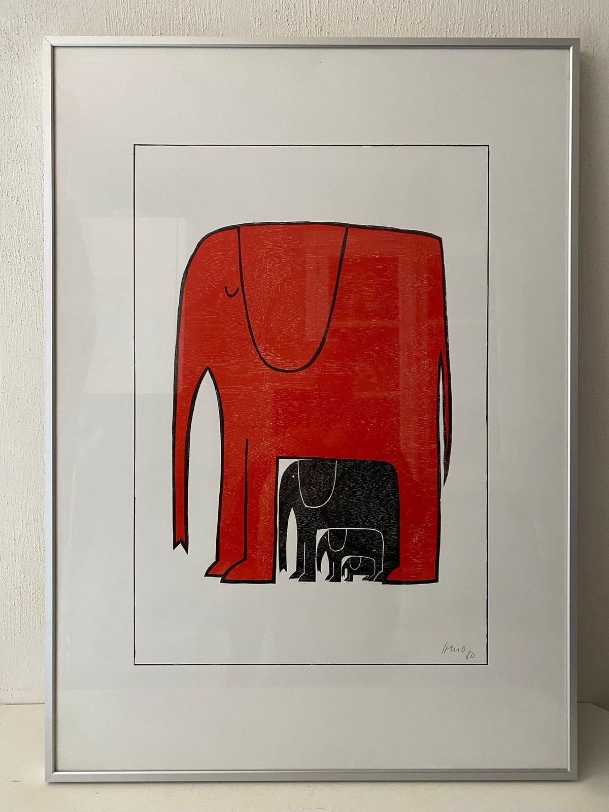 Litho van olifanten in alu lijst 50 x 70 cm, 50 – 75, Minder dan 50 cm, Gebruikt, Oorspronkelijke maker
