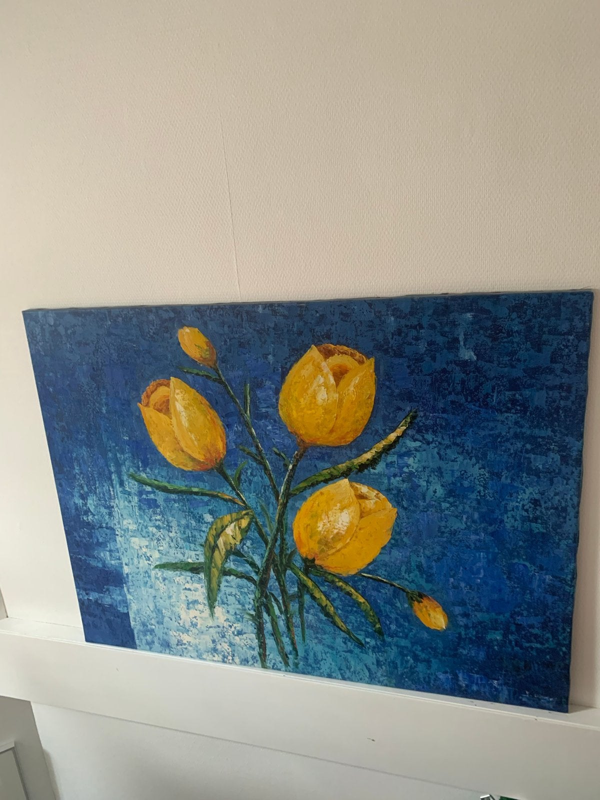 Groot Schilderij: Levendige Tulpen op Linnen, Antiek en Kunst, Met textuur, Ophalen of Verzenden, Olieverf, Bloemen