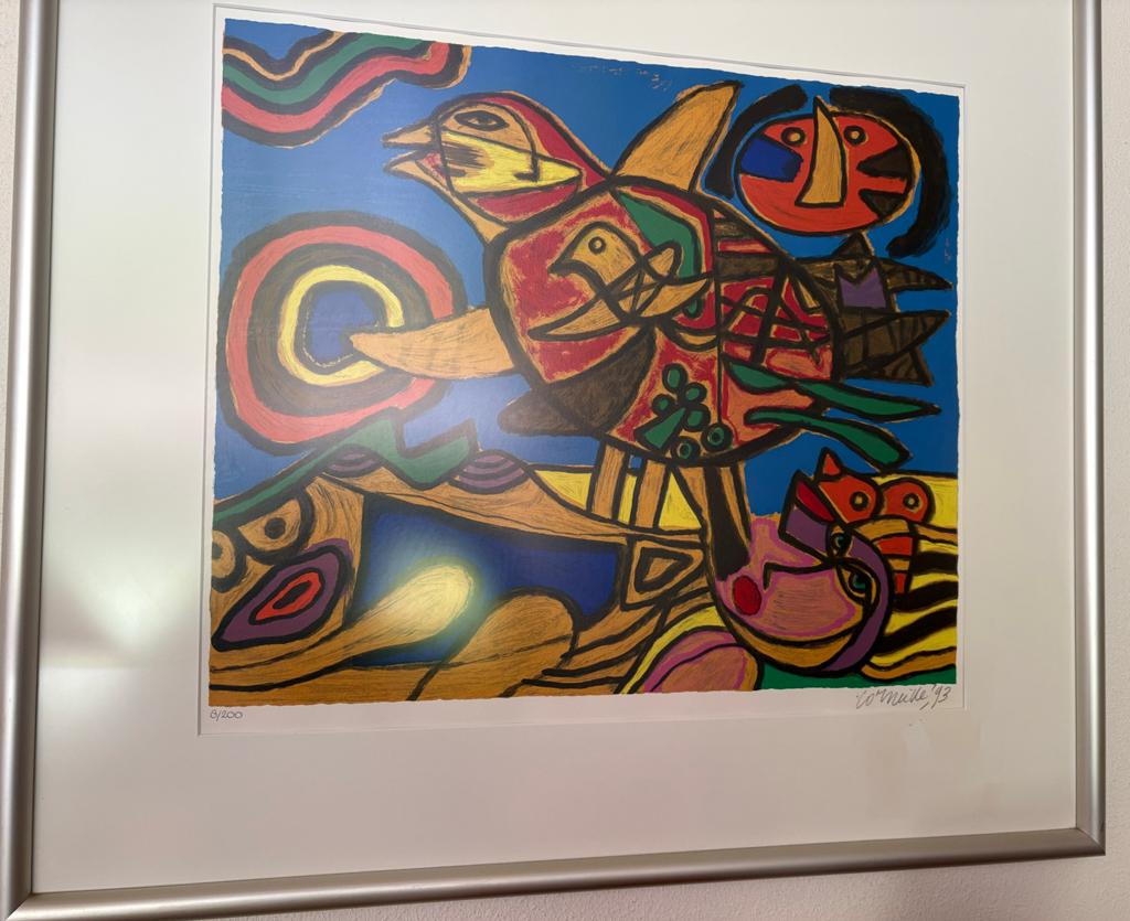 Corneille '93 - Kleurrijke Zeefdruk 'Vogel en Gezicht', Ophalen