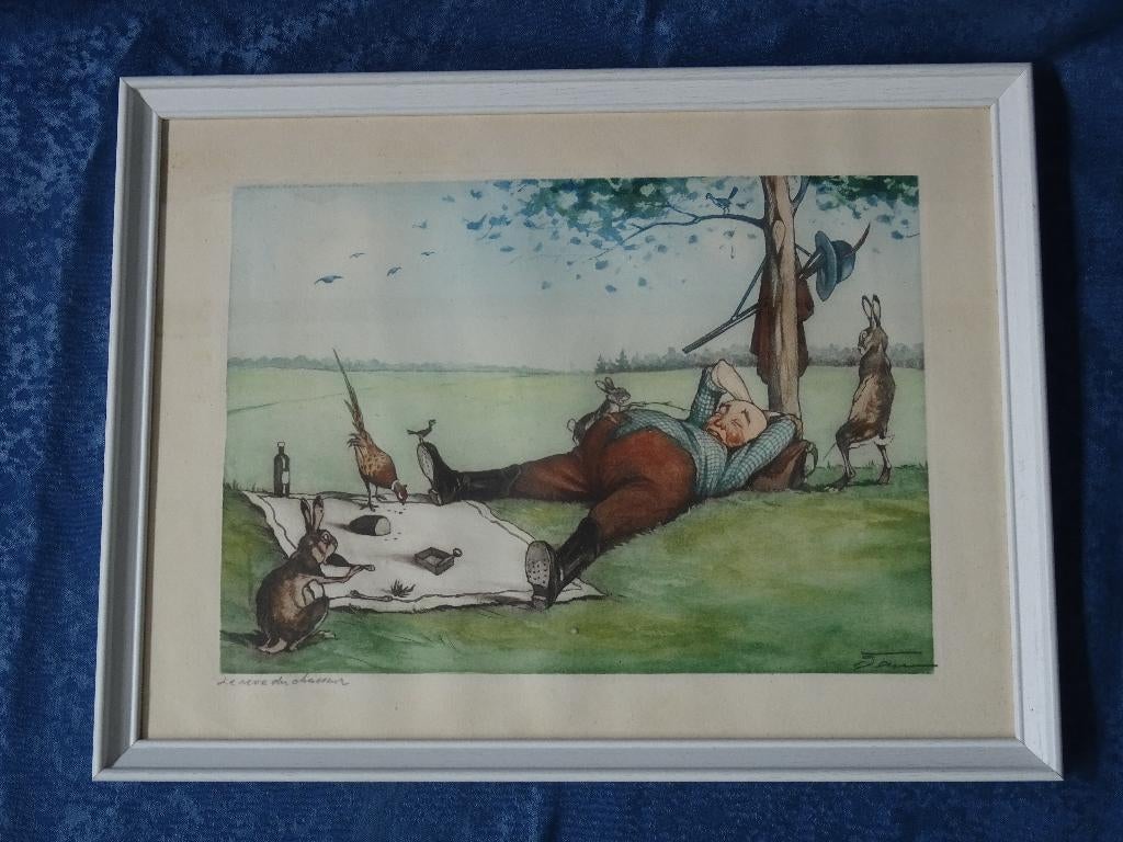Boris O Klein ets jacht Le rêve du chasseur jager spotprent, Antiek en Kunst, Ophalen of Verzenden, 33 cm, Ingelijst, 43 cm