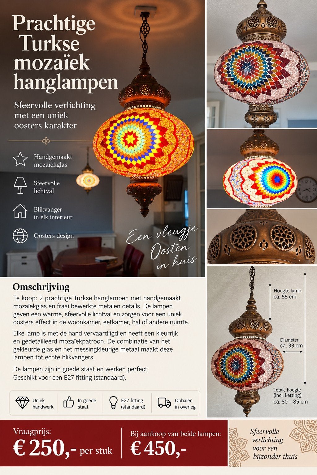 Prachtige Turkse mozaïek hanglampen - Sfeervolle verlichting, Ophalen, E27 (groot), Zo goed als nieuw, Glas