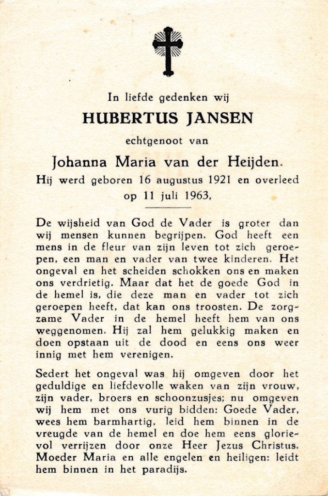 Jansen Hubertus 1921- 1963, Ophalen of Verzenden, Bidprentje