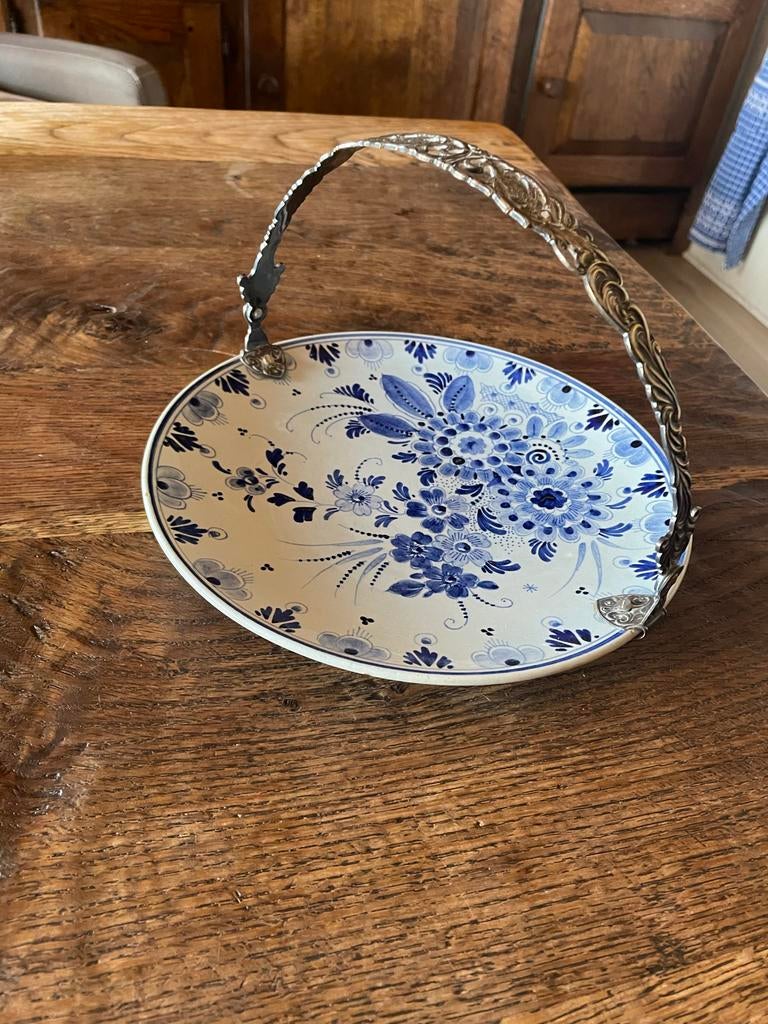 Delfts Blauw Schaal met Zilveren Hengsel - Schoonhoven, Antiek en Kunst, Ophalen